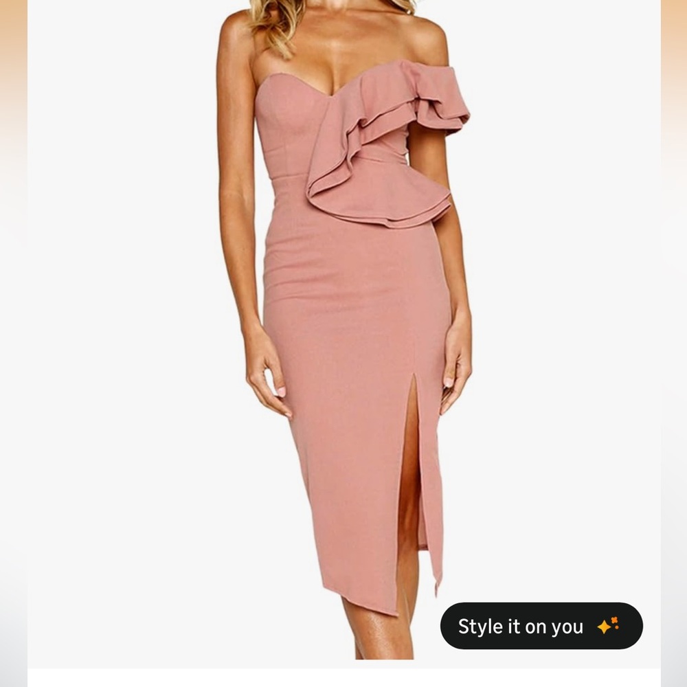 One-Shoulder Ruffle Midi Dress in Dusty Rose